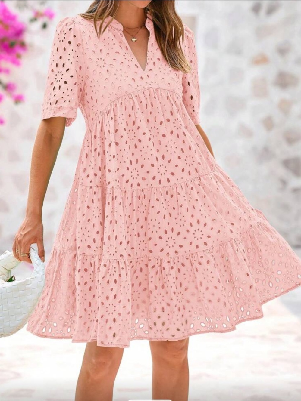 Tiered Eyelet V-Neck Dress in Blush Pink